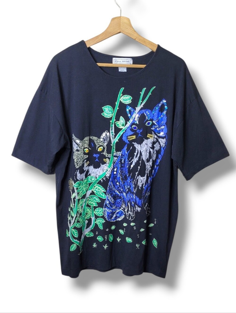 Vintage 90s Cat Shirt Sequins Rhinestones - OS